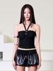 Iyussiti Crinkle Halter Tube Top - Black