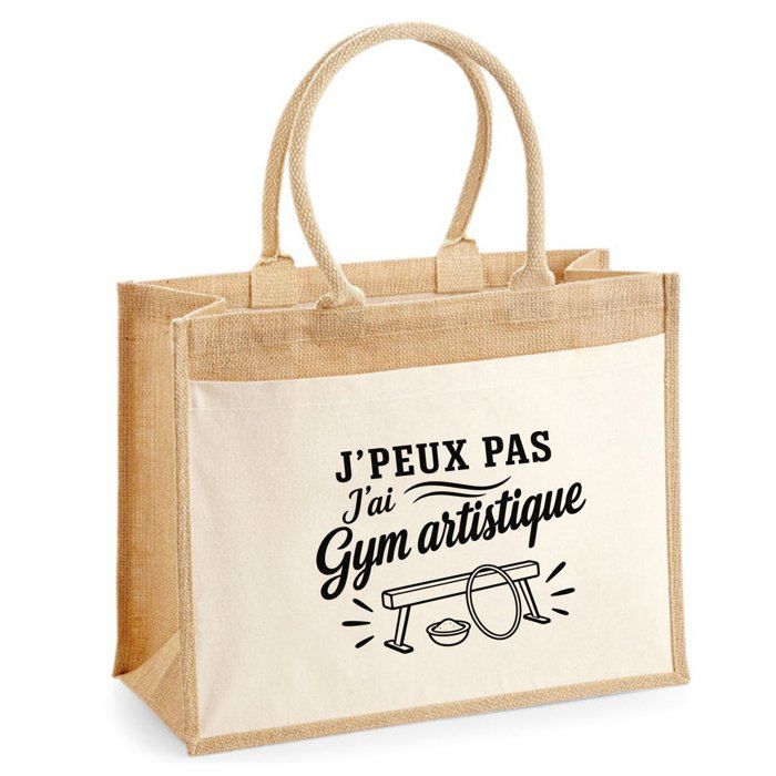 Sac Cabas Jute avec Poche J’peux pas j’ai Gym artistique J'peux pas minimaliste | Toile de Jute et Coton 21 L Fond Plat Anses 65 cm