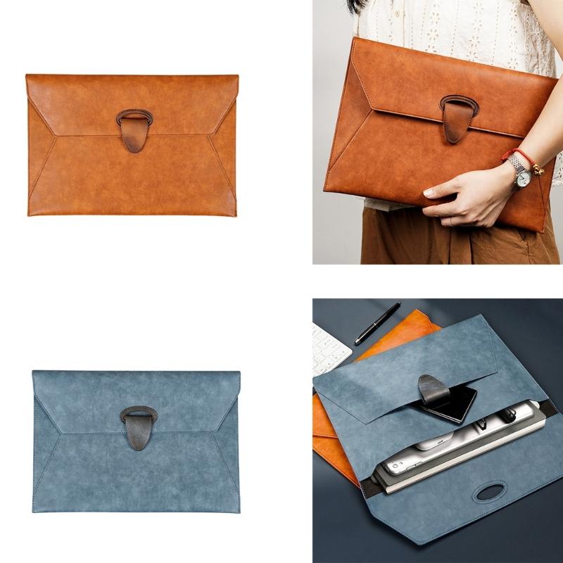 Handheld File Folder Leather Folder Document Storage Bag Leather Laptop Sleeve Leather Buckle Lock for Office Travel
