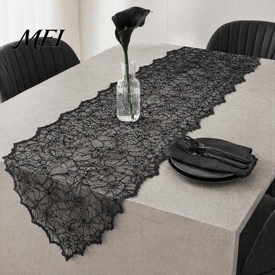 Breathable Lace Fabric Spider Web Table Runner, Black Gothic Festival Theme Mat Cobweb Runner for Halloween Dining Decoration