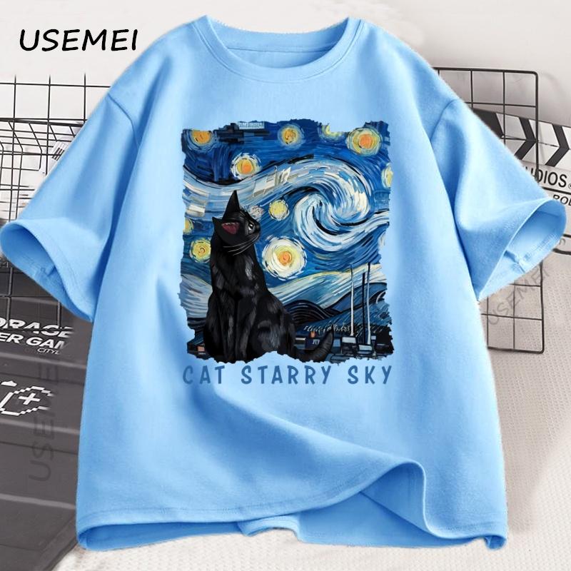 

Cute Black Cat Starry Sky Night Vintage T-shirt Men Women Cotton Short Sleeve Round Neck Tshirt Casual Graphic Tshirt Clothes 4XL