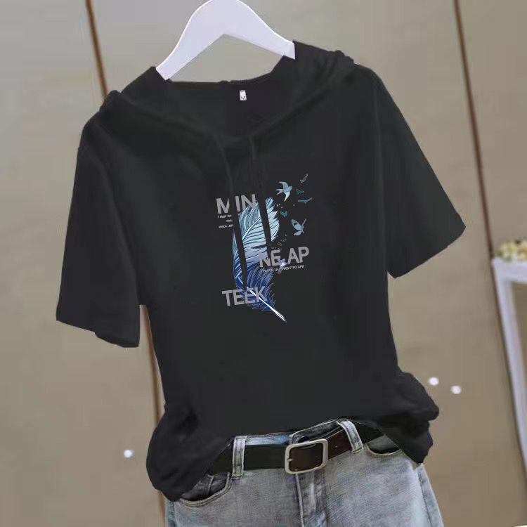 Women Hooded Short Sleeve T-Shirt Women Butterfly Print Drawstring Loose Casual Hoodie Top