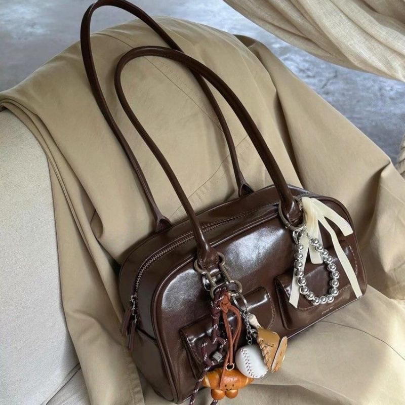 Borsa a mano da bowling da donna retrò marrone coreano di grande capacità