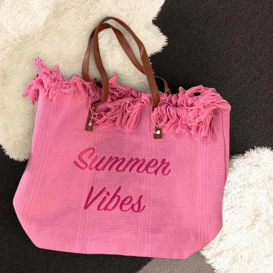 Korean Canvas Embroidered Tote: Versatile Women's Woven Beach Handbag with Tassel