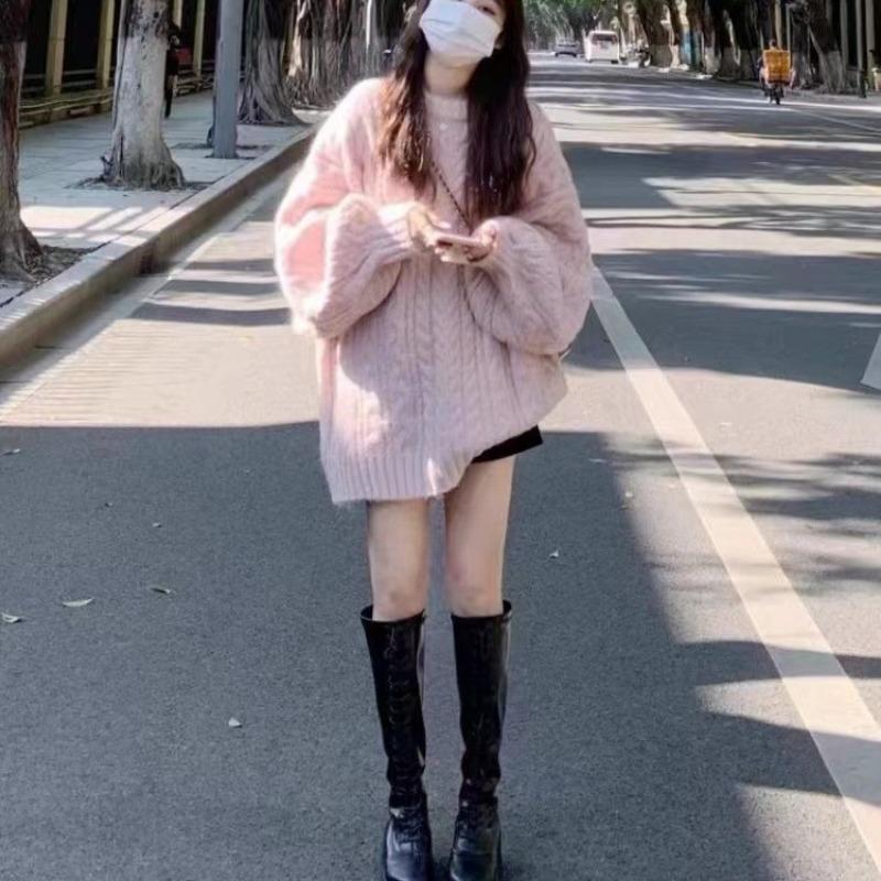 Red Twist Crew Neck Medium and Long Thickened Winter Lazy Wind Loose Top Plus Fat Large Size Knitted Sweater for Women