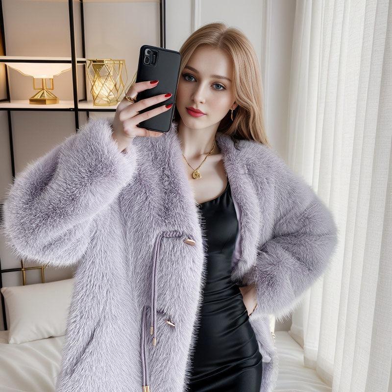 Winter Thickened Temperament Age Reduction Solid Color Collar Imitation Fur Jacket Women's Curly Hair Medium and Long Fur