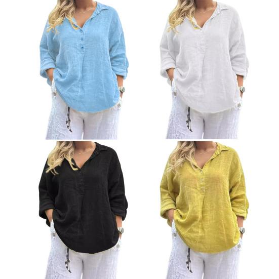 Women Shirt Lapel Buttons Half Placket Long Sleeve Casual Tops Solid Color Loose Fit Work Leisure Shirt
