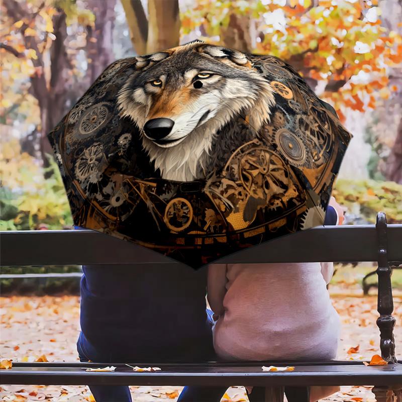 Gear Wolf pattern, automatic folding umbrella, portable and foldable design, 8 ribs, a Christmas or birthday gift.