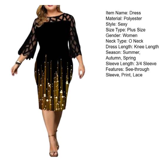 Damen Ballkleid Spitze Rundhalsausschnitt Bedruckt Durchsichtig Dreiviertelärmel Zum Ausgehen