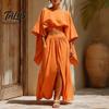Women Relaxed Fit Suit Summer 2 Piece Outfits, Batwing Half Sleeve Crop Top Breathable Clothing And High Slit Maxi Skirt Travel Vacation Matching Sets