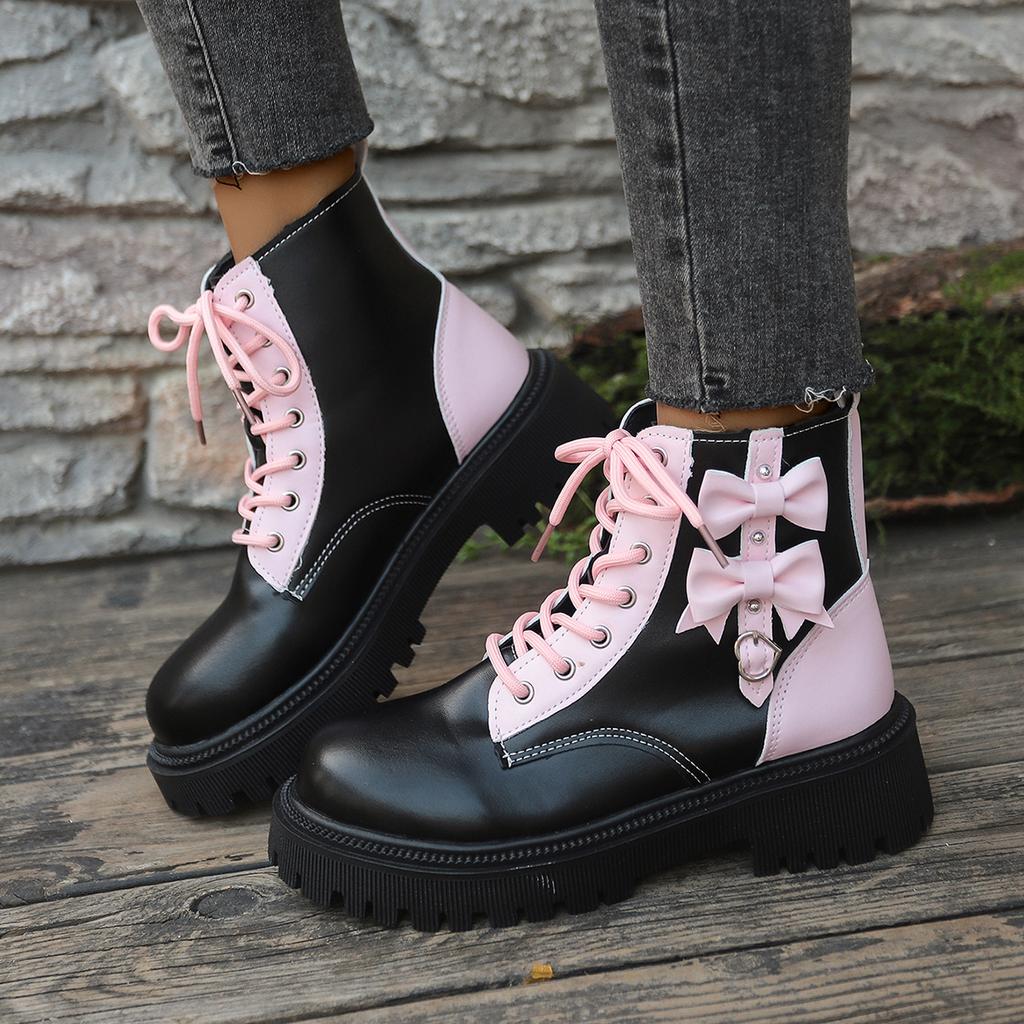Sweet Pink Bowknot Mix Color Ankle Boots Women 2025 Autumn Thick Bottom Lace Up Boots Candy Punk Metal Decoration Booties Size42