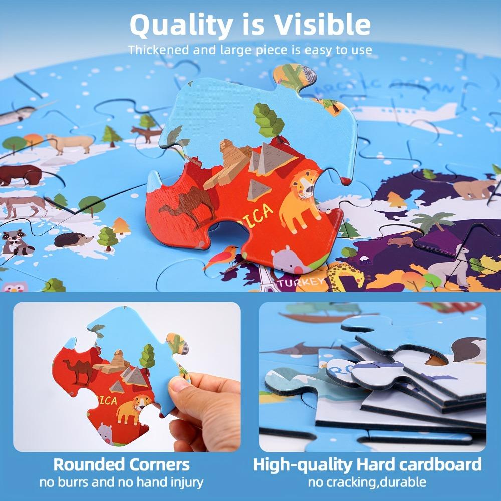 Map World With Animals Jigsaw Puzzle For Kids 70Pcs Round Floor Puzzles For Boys Girls Globe Geography Games Educational Toy