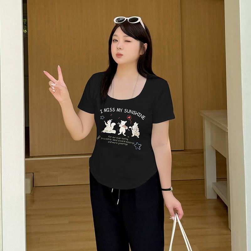 Curved hem printed short-sleeved fit T-shirt women's summer new fat mm pure desire front shoulder top 232220