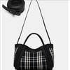 Women's Canvas and Genuine Leather Tote Bag Plaid Design Top Grain Cowhide Shoulder Handbag for Everyday Use Black and White