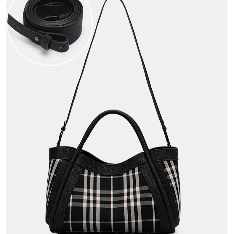 Women's Canvas and Genuine Leather Tote Bag Plaid Design Top Grain Cowhide Shoulder Handbag for Everyday Use Black and White