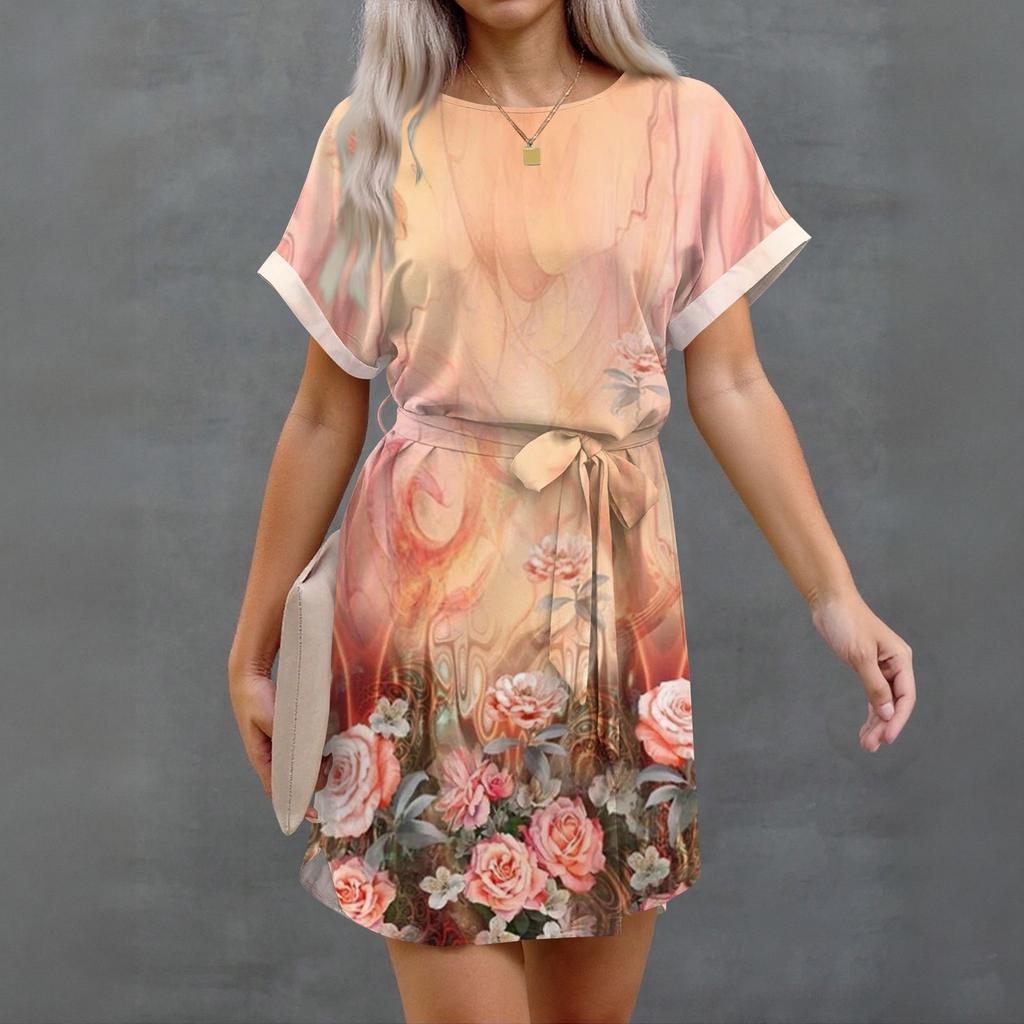 Womens Summer Short Dresses O Neck Casual Batwing-Short Sleeve Belted Dress For Women