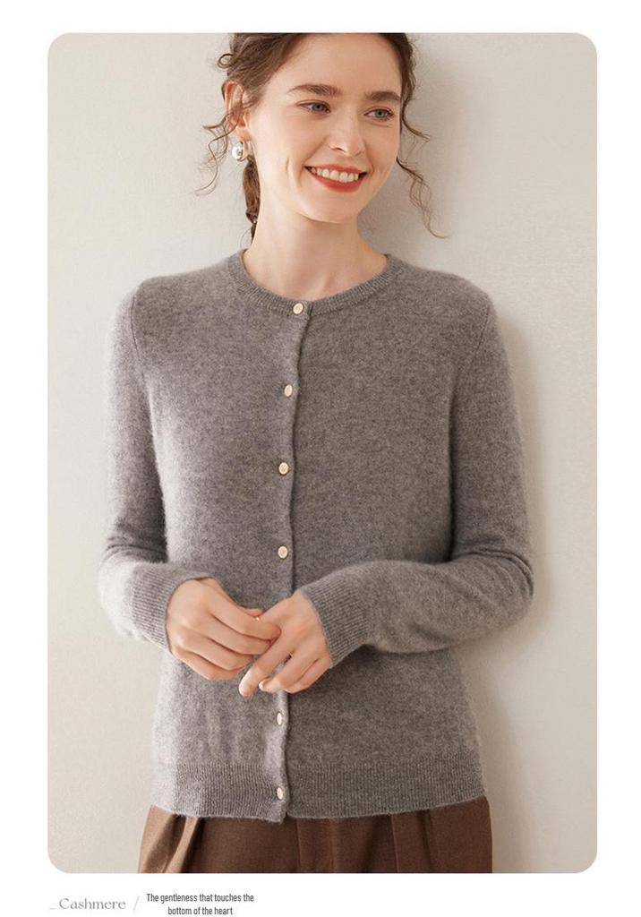 Women's Slim Fit Cashmere Cardigan - Round Neck, Lightweight, Loose Knit Sweater in Solid Color.