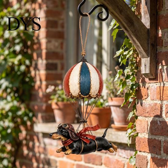 Nostalgic Home Decor Accents Flying Dachshund Hot Air Balloon Hanging Ornament, Vintage Resin Dog Wall Hanger, Small Decorative Figurine for