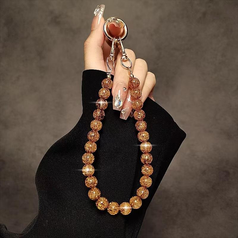 Amber Cracked Bead Phone Chain with Handmade Short Lanyard and Bag Charm
