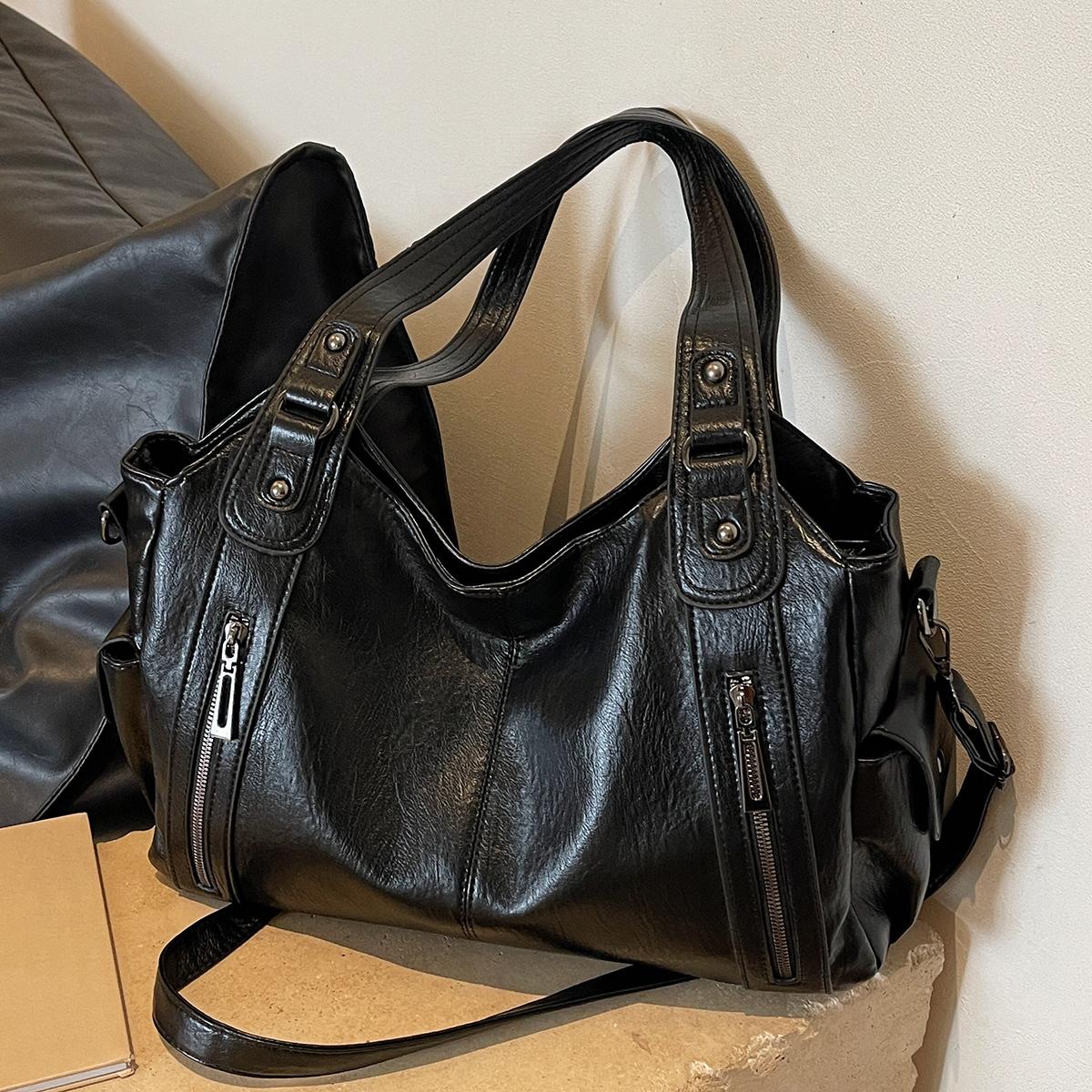 

Solid color large capacity women s shoulder bag fashiable simple hand-held tote bag commuter persality messenger bag (30cm<Max Length<50cm) чёрный