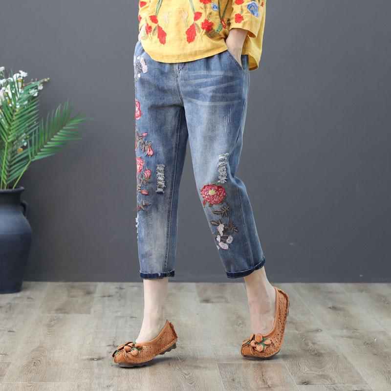 

Модные женские осенние эластичные элегантные джинсы, женские повседневные джинсы с цветочной вышивкой, женские свободные гарлемские брюки S