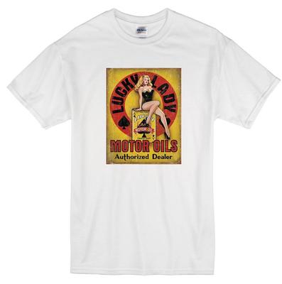 LUCKY LADY MOTOR OIL GASOLINE PINUP GIRL RETRO LOGO WHITE T-shirt