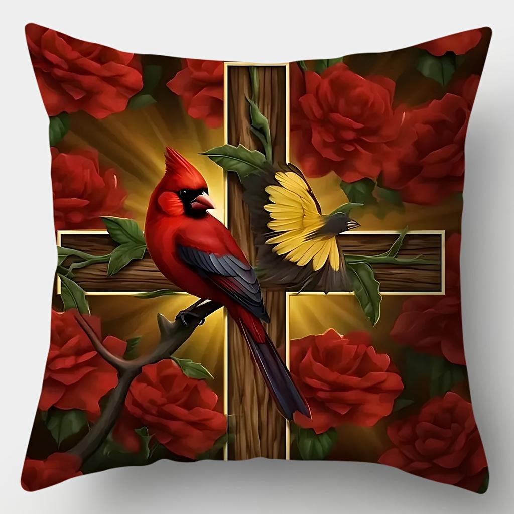 Vibrant Cardinal Floral Throw Pillow Covers Zipper Closure Pillowcases Living Room Sofa Decor Accessories Vibrant Cushion Cover
