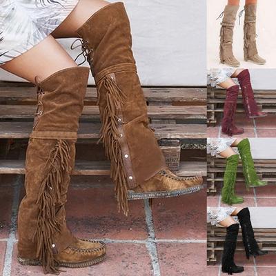 Women's Fashion Round Head Flat Heel Tassel Boots Suede Knee Boots Sleeve Boots