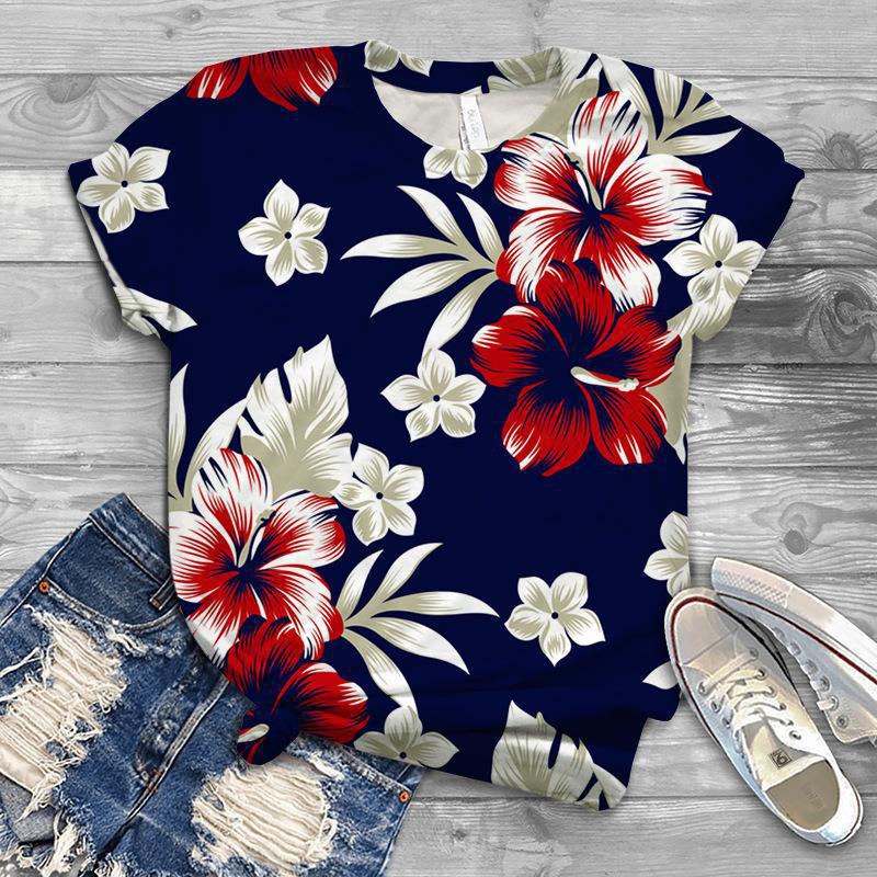 Damen Sommer Europäisch und Amerikanisch Neu 3D Freizeit Kunst Design Blumen Bedrucktes T-Shirt