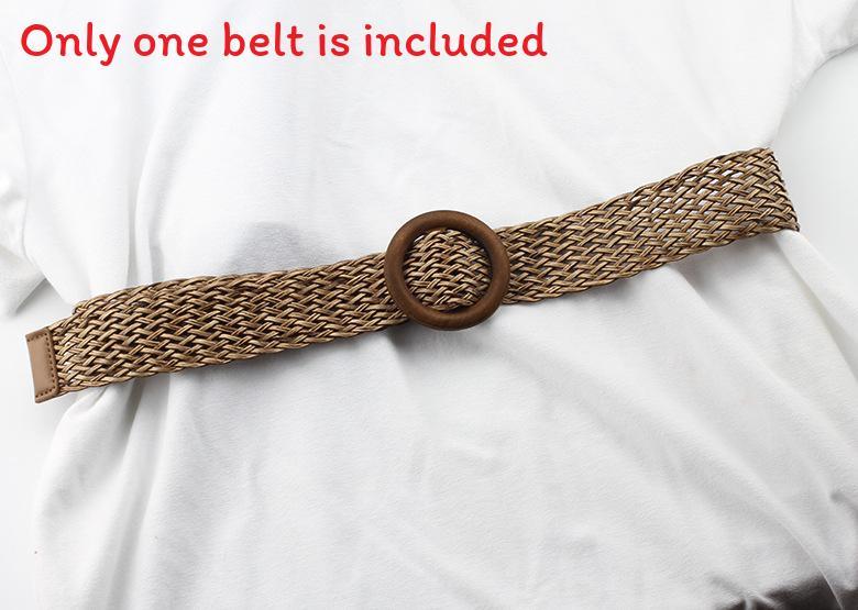 Womens Woven Cotton Linen Belt With Round Wooden Buckle For Casual Dress Fashion