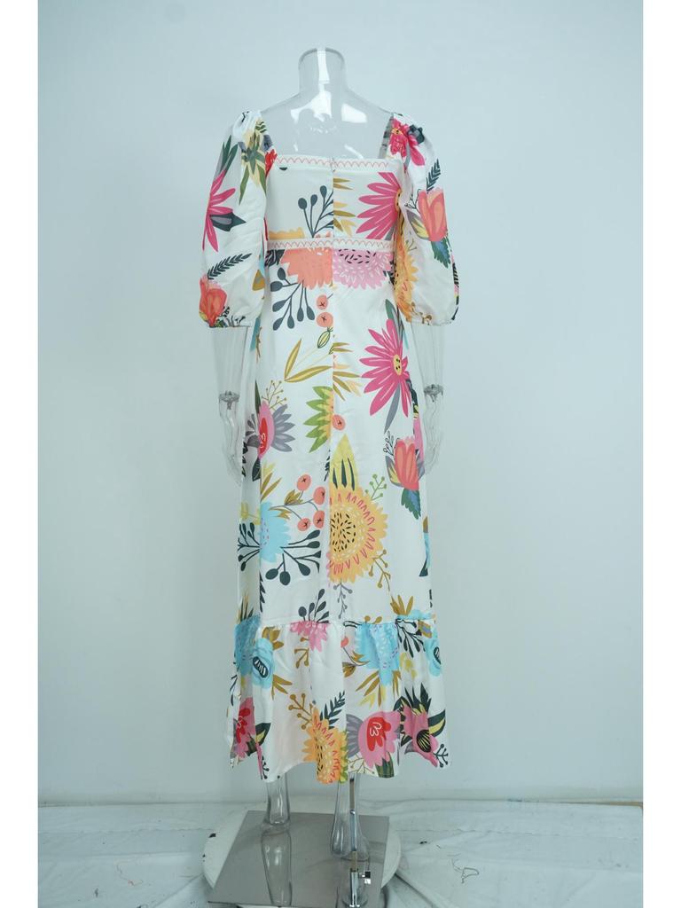 2026 Spring Women's Casual One-Shoulder Print Lantern Sleeve Slim Fit Dress