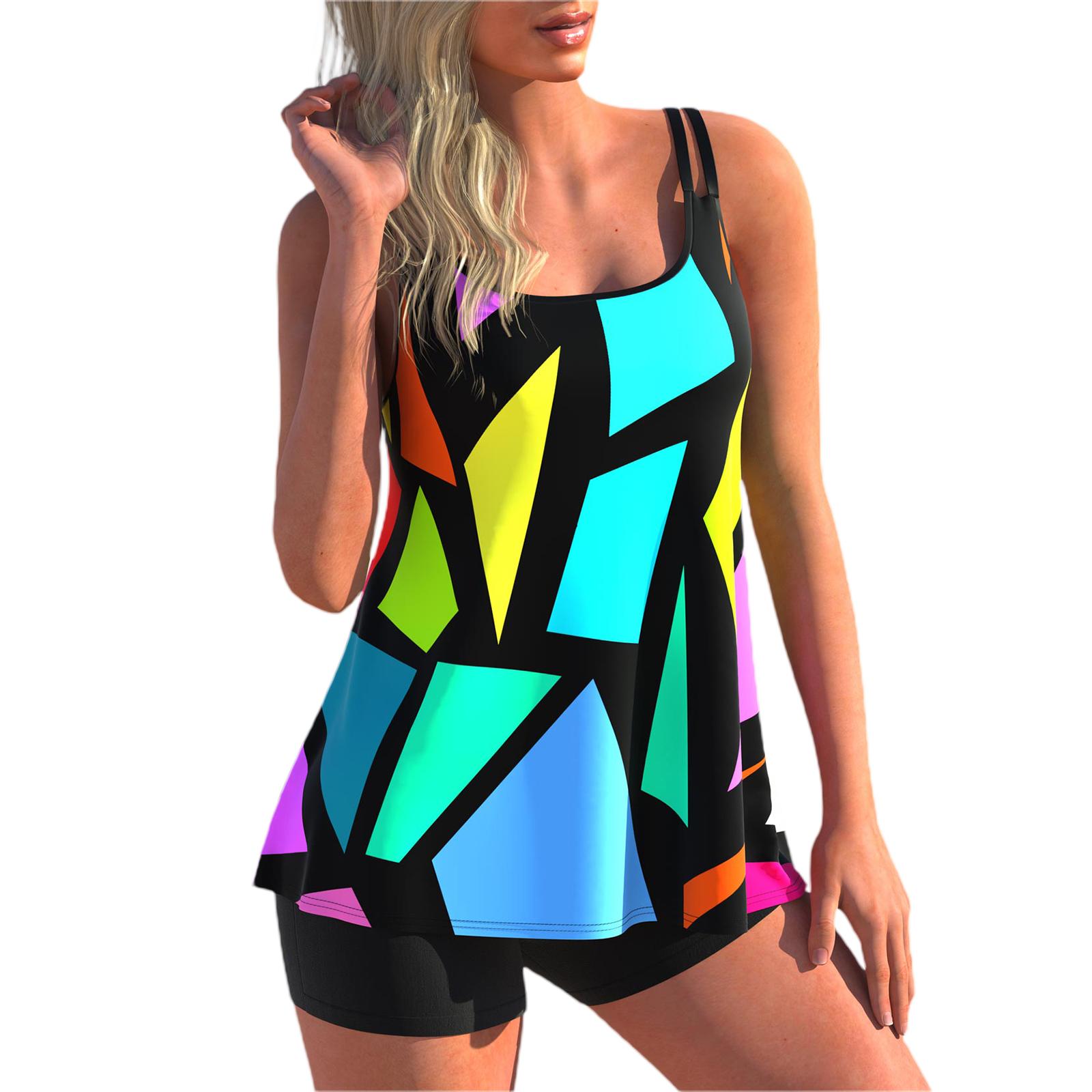 Damen Schwimmshirt + Shorts, Geometrie/Regenbogen/Schmetterling Druck Schwimm-Tops Bademode Kurze Hosen Anzug XXL black