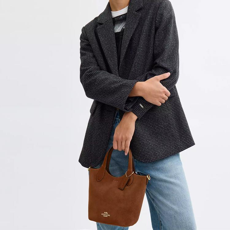 Coach Hannah 18 Metallic Logo Magnetic Closure Suede Shoulder Crossbody Bag Small Women handbags Brown CW006-IMXAF
