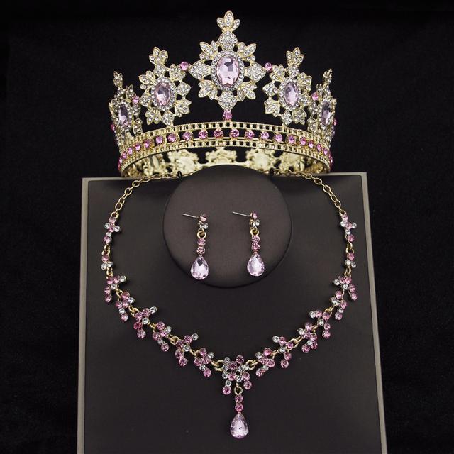 

Наборы свадебных украшений с цветами в стиле барокко и кристаллами для женщин, модные диадемы с короной, серьги и ожерелье, комплект невесты, выпускного вечера, Дубай, комплекты ювелирных изделий розовый