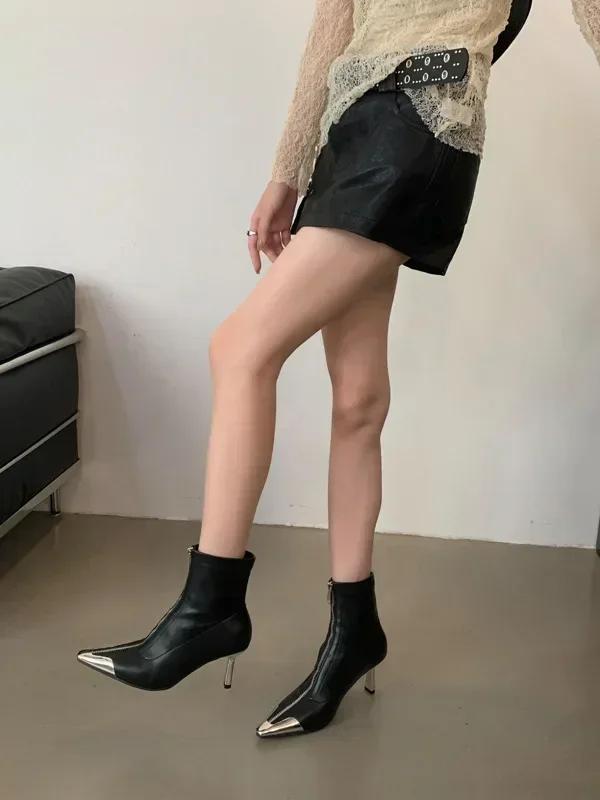 

2025 Осень Ботильоны на шпильке с металлическим носком на молнии спереди для женщин, в тон, французский каблук для женщин 35 чёрный