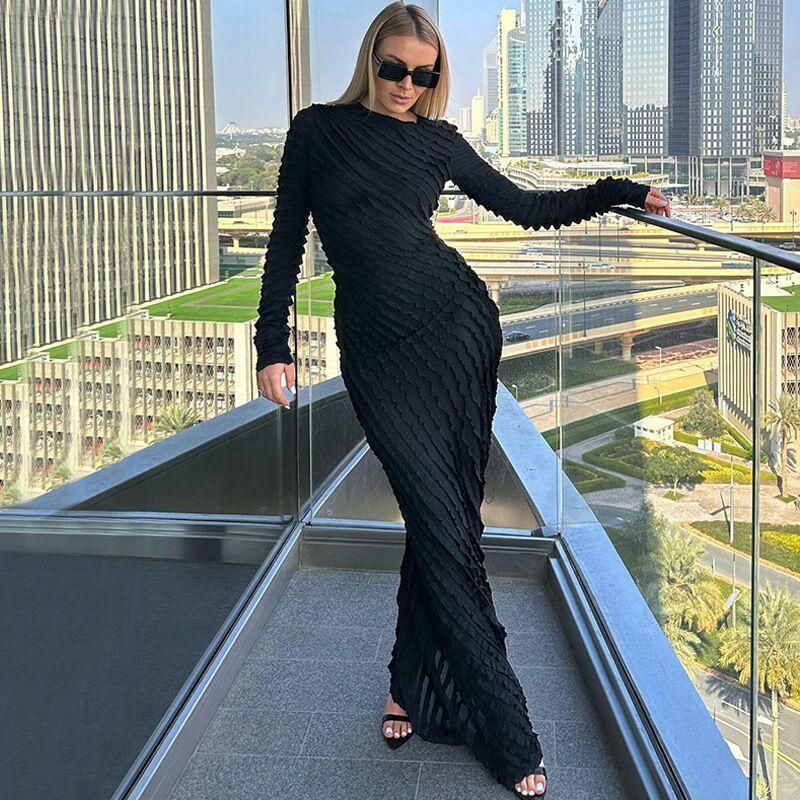 

Autumn new fashion temperament long-sleeved skirt round neck striped slim-fitting and thin dress S чёрный