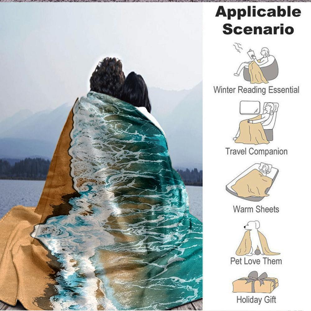 1Pc Ocean Waves Sandy Beach Blanket Soft And Comfortable Casual Warm Camping Travel Christmas Halloween Xmas Gift Em9281