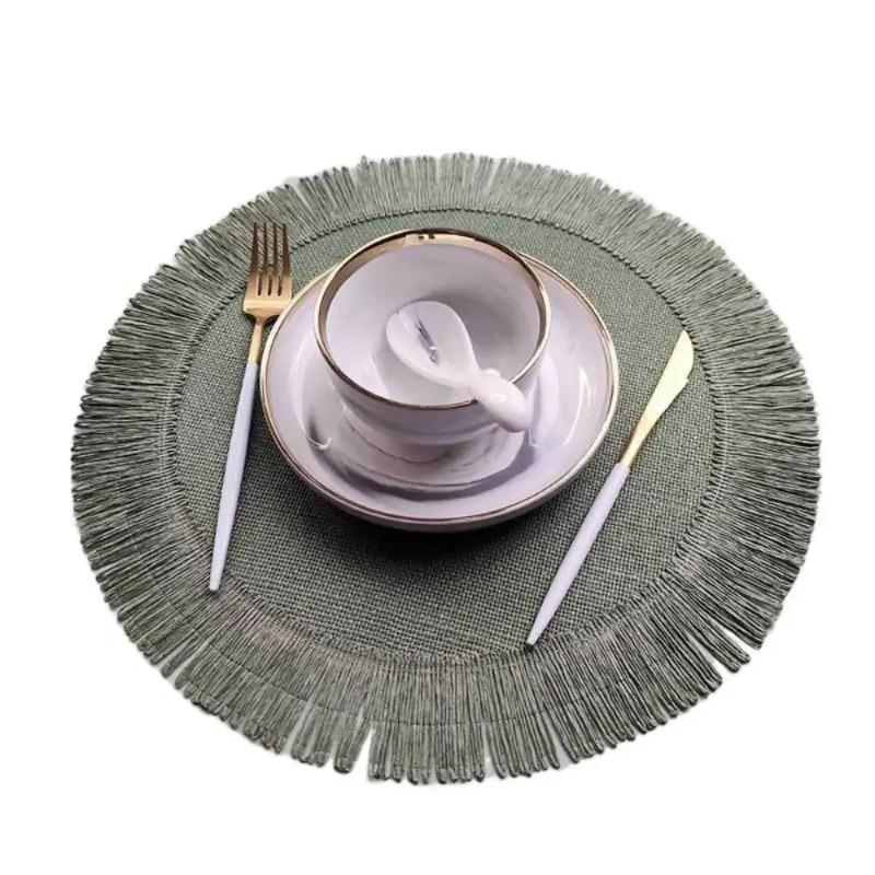 

Flax Round Braided Placemats Fringe Paper Table Mats Hand Woven Non-slip Insulation Place Mats Tea Cup Pad Dining Table 38cm зелёный