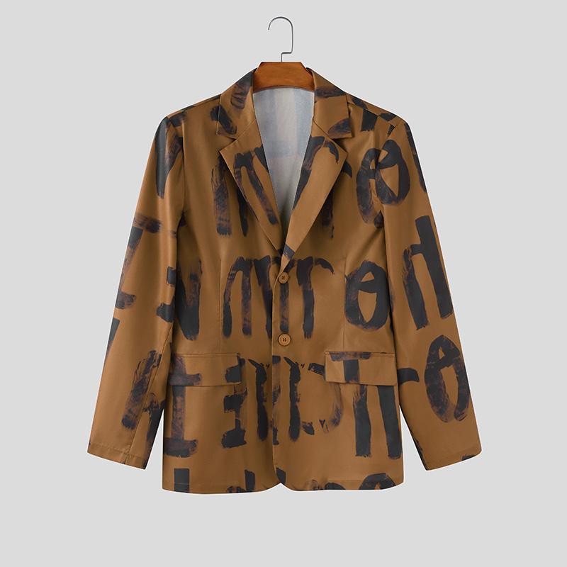 INCERUN Oversized Spring Men Lapel Neck Long Sleeve Print Button Thin Blazer Coats
