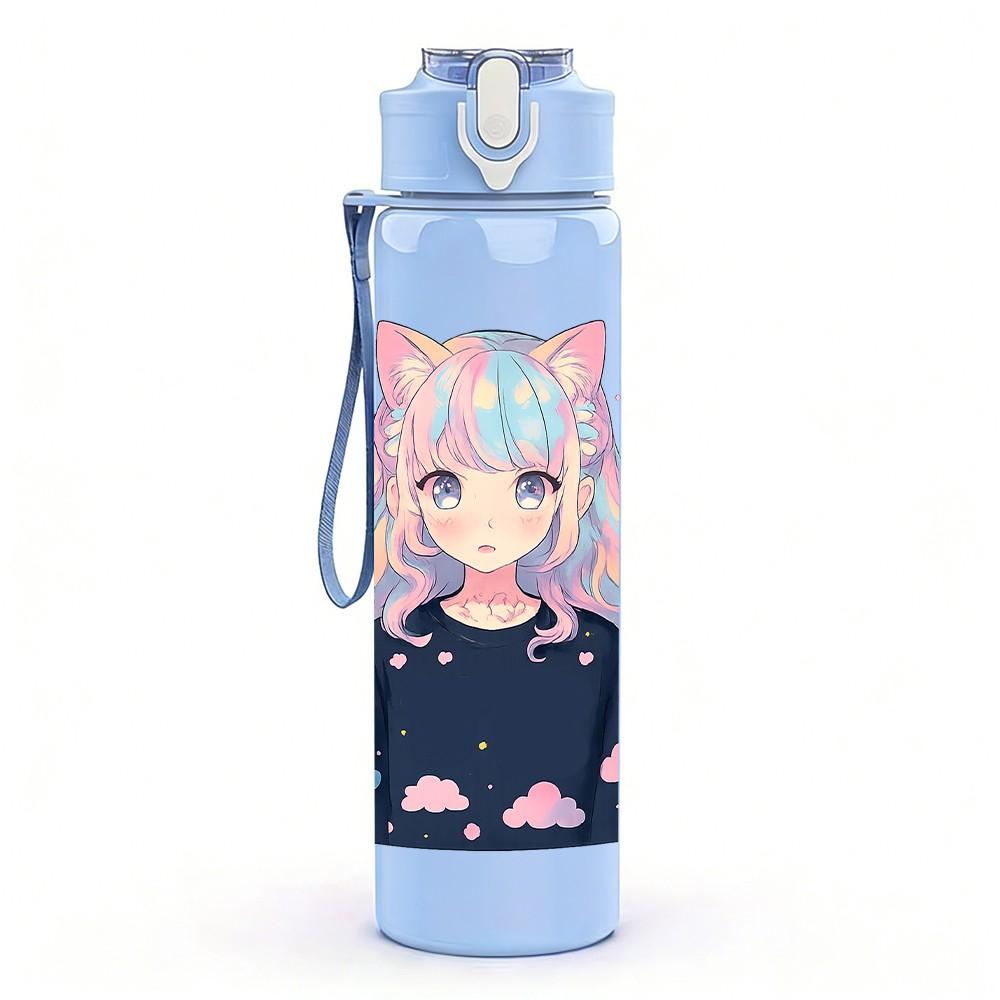 1PC Anime Girl Pastel Hair 750ml Color Plastic Sports Water Bottle Leakproof Flip Straw Lid Suitable for Sports Office Home Use