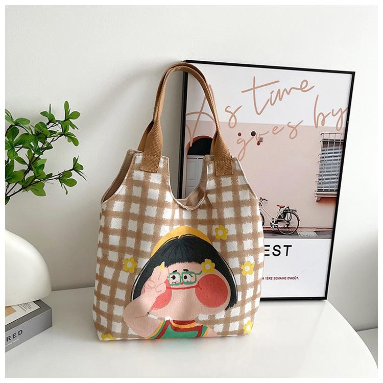 2025 Cartoon Illustration Canvas Bag Female Office Worker Large Capacity Funny Graffiti Handheld Shoulder Bag
