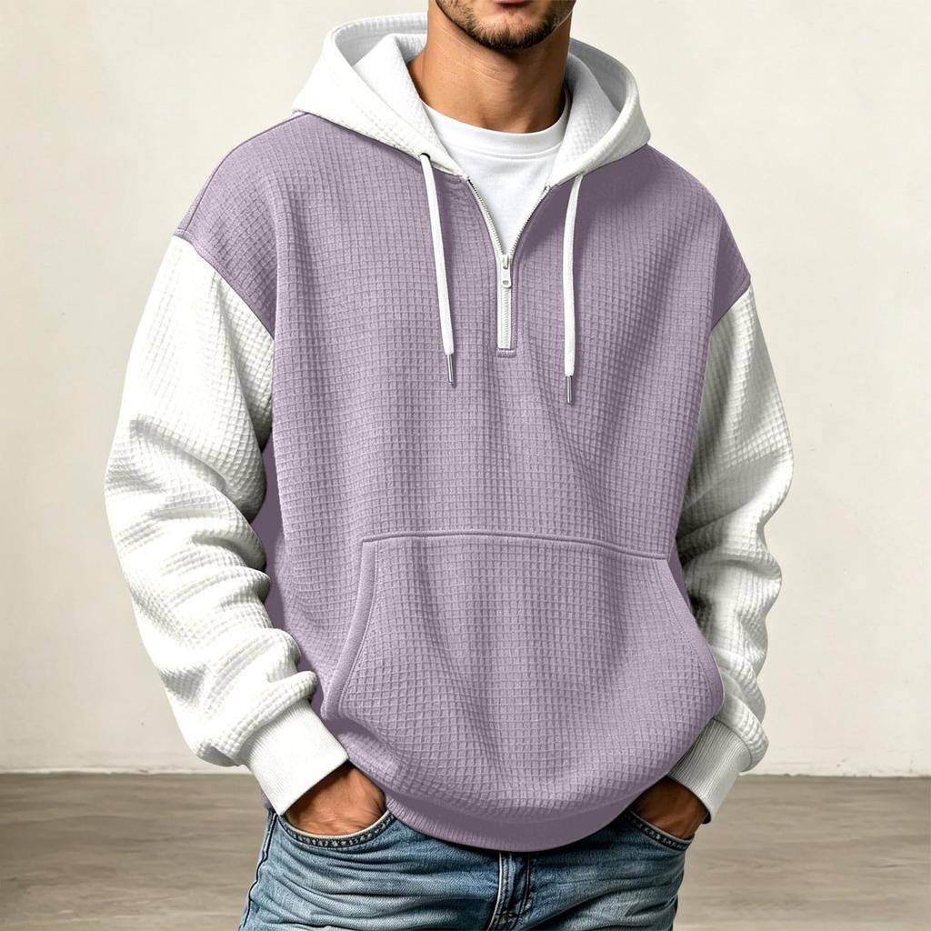 Sudadera con capucha de punto casual de bloque de color con media cremallera para hombre