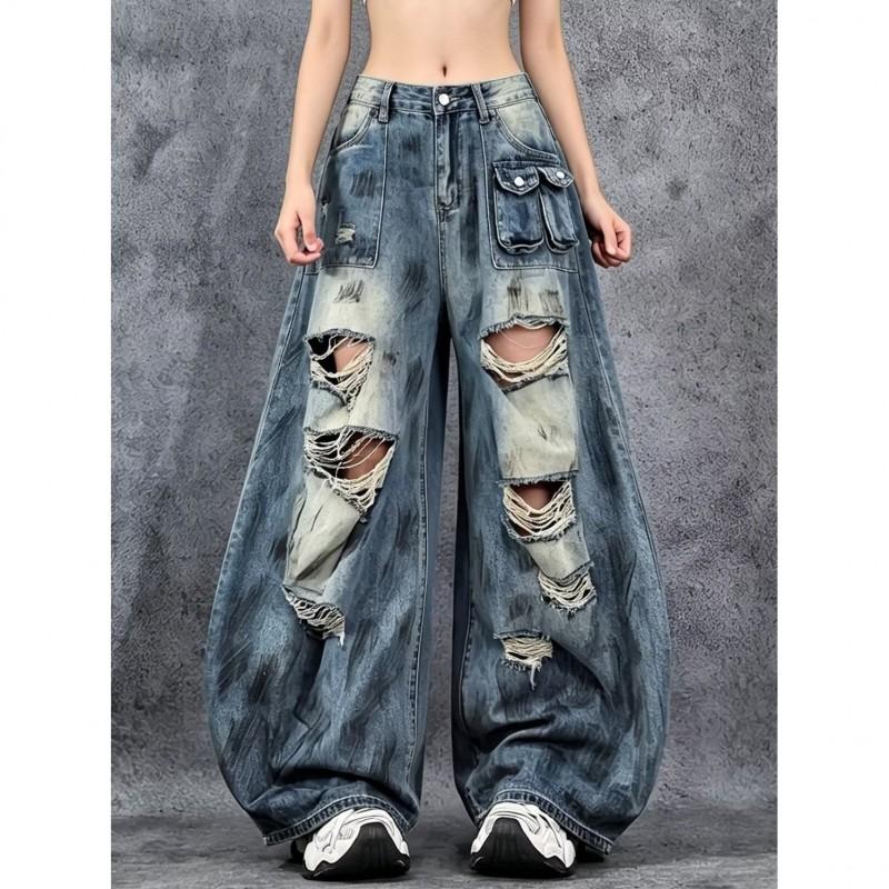 Vintage Washed Straight Leg Denim Pants Men Women Oversized Relaxed Fit Distressed Button Fly Jeans