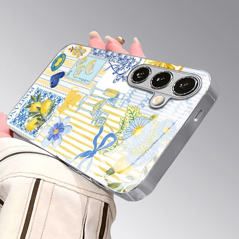 South Italian Lemon Pattern 2D Phone Case for SamsungS26 S25 S24 S23 S22 S21 S20 A56 A36 A16Electroplated Glass Protective Cover