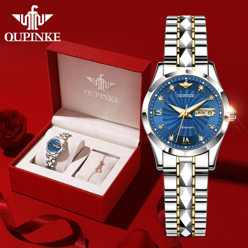 OUPINKE Montres en acier tungstène incrusté de diamants, montre mécanique automatique étanche pour femmes