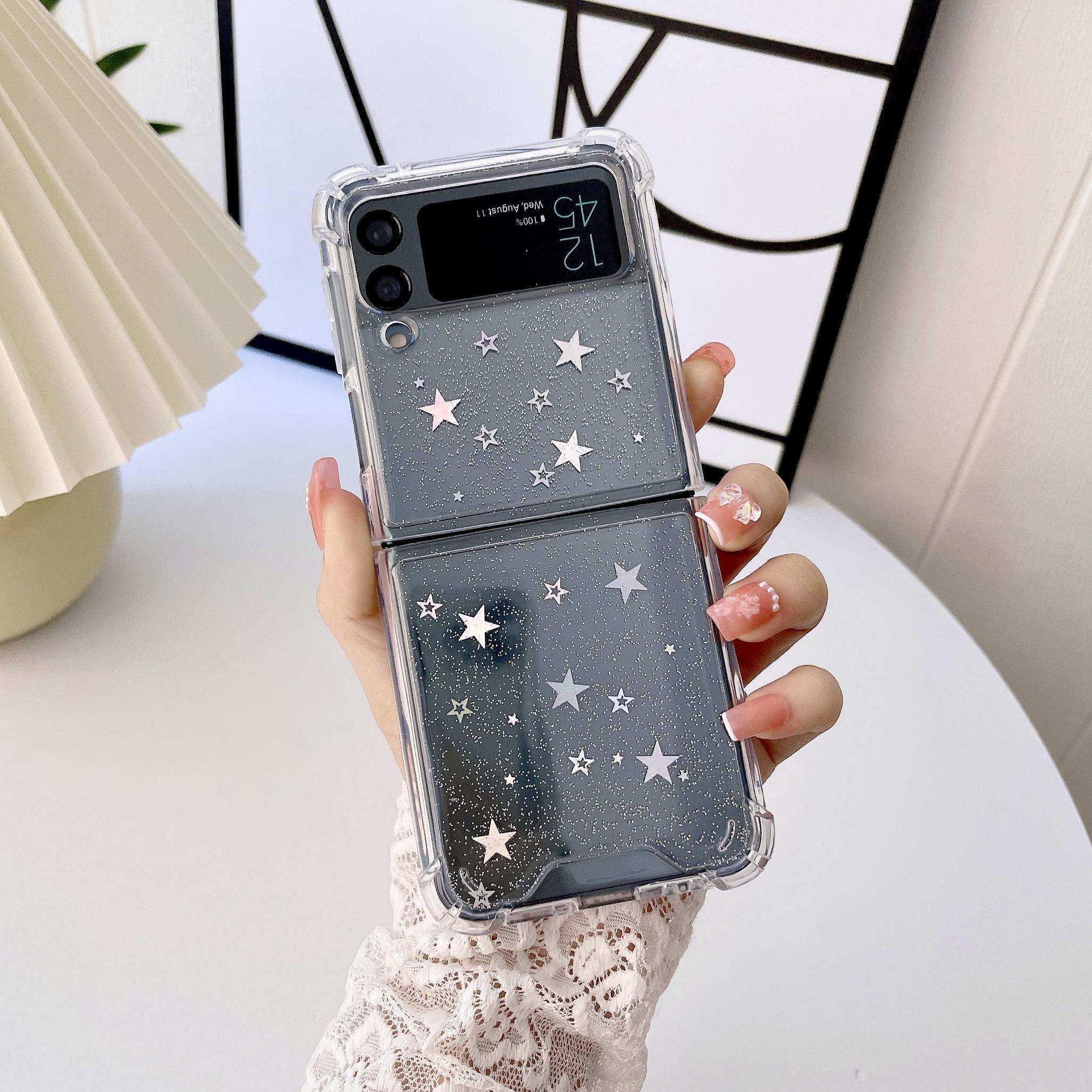 

Чехол для Samsung Z Flip 3, прозрачный складной чехол с блестками и звездами в форме сердца для Galaxy Z Flip 4 Zflip3 5g, противоударная жесткая задняя крышка For Z Flip 2