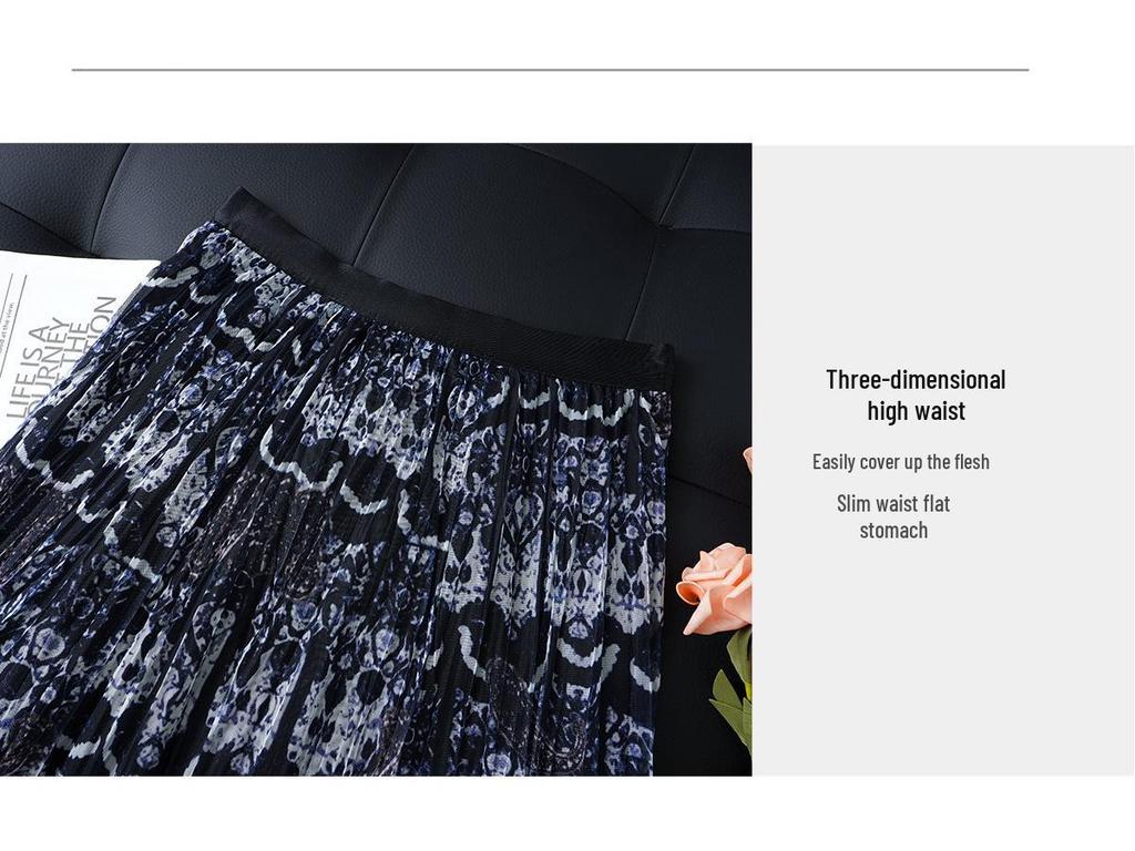Women's High-Waist Slimming Retro Ethnic Mesh Pleated Skirt - 2026 Spring Collection