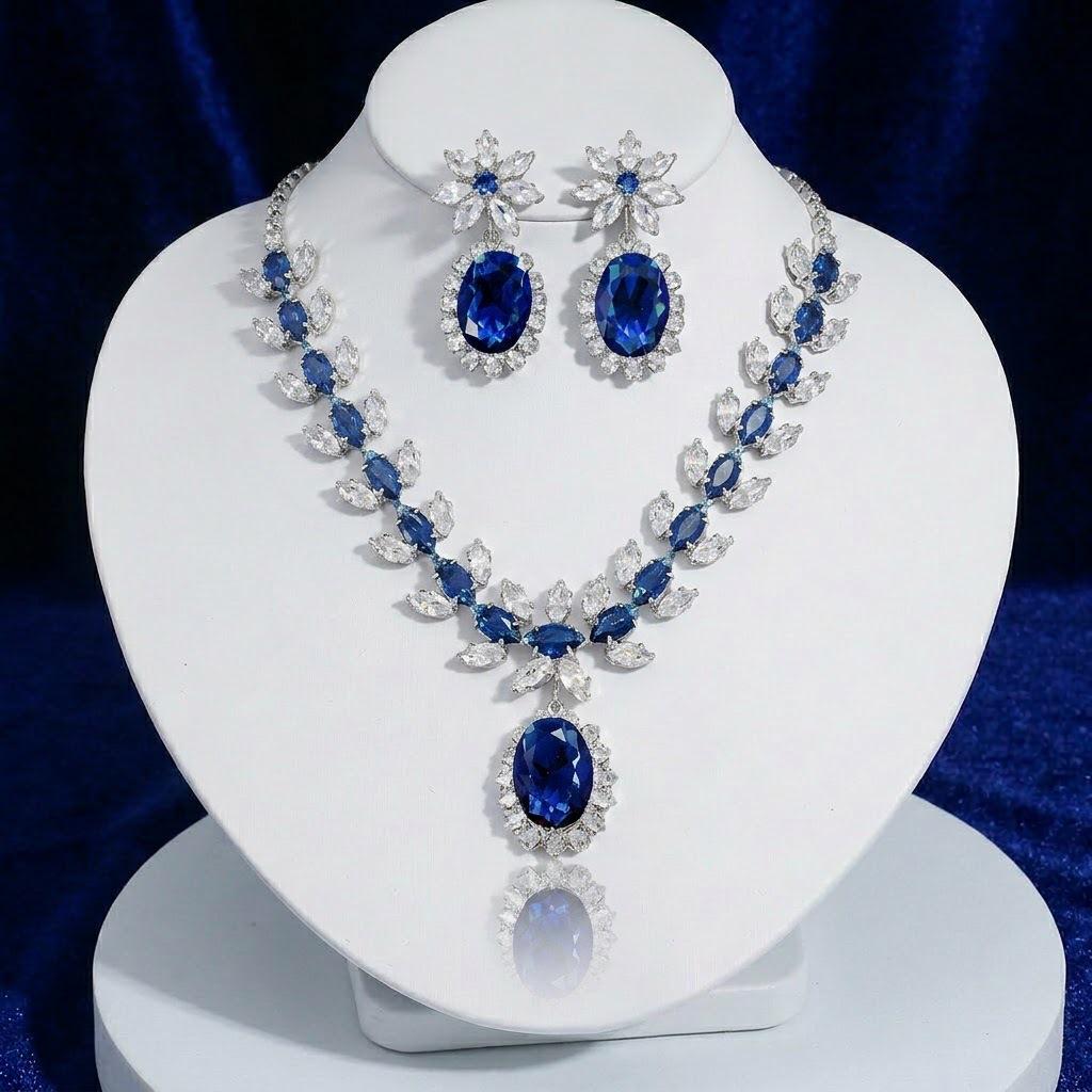 European Style Zircon Blue Water Drop Necklace & Plum Blossom Earrings Set