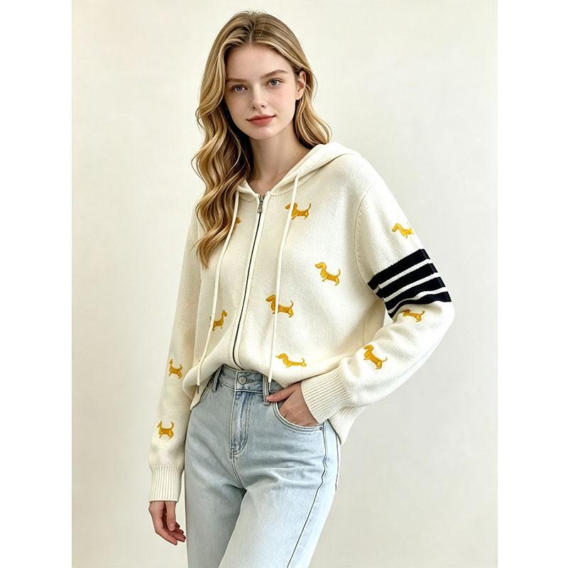 Womens Hooded Knit Cardigan Animal Embroidery Four Stripes Fall Winter Casual Outerwear