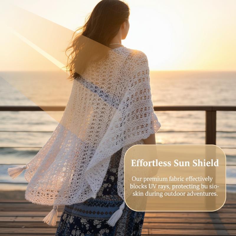 Summer Mesh Lace Women Cover-Up With Tassels Elegant Beach Open-Front Sun Protection Shawl